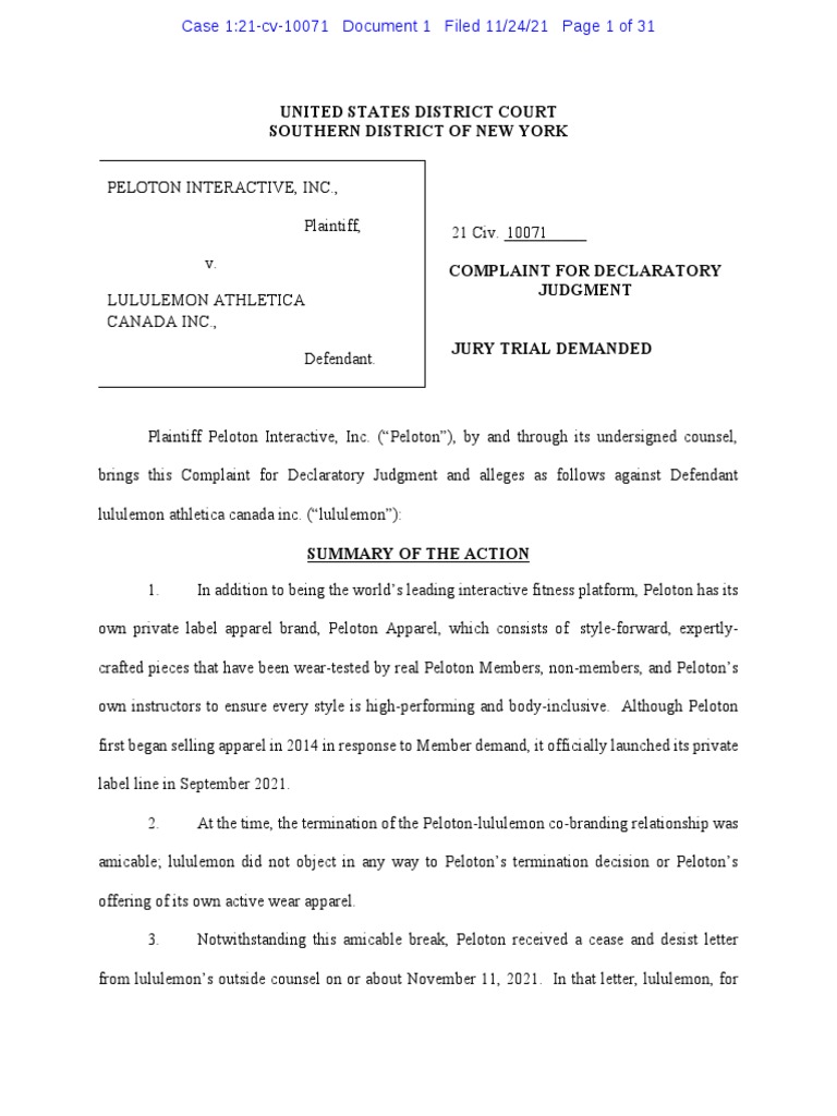 Peloton Interactive v. Lululemon Complaint PDF Declaratory