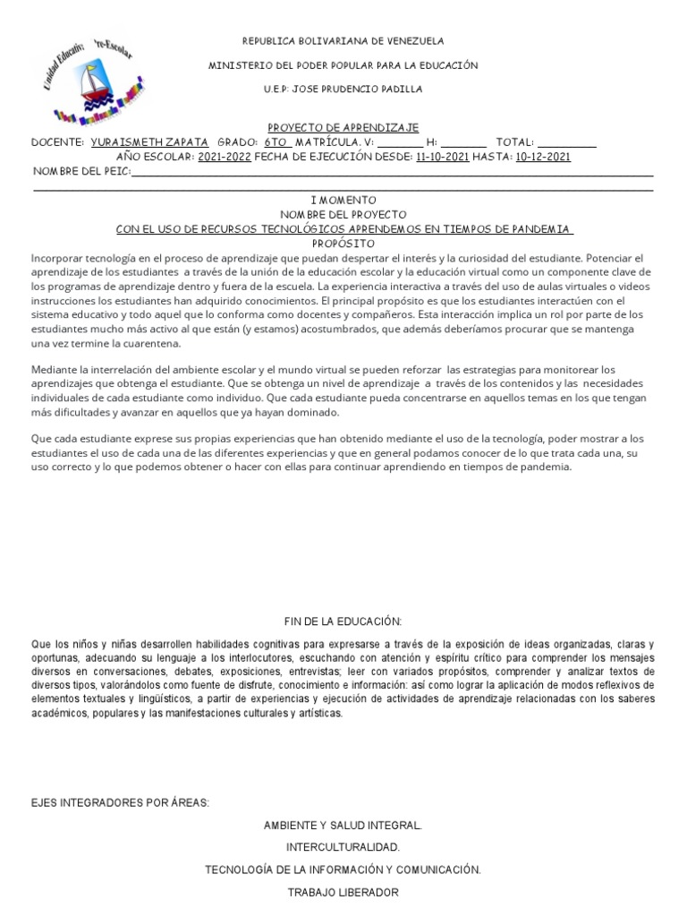 Proyecto de Aprendizaje para 6to Grado | PDF | Aprendizaje | Comunicación