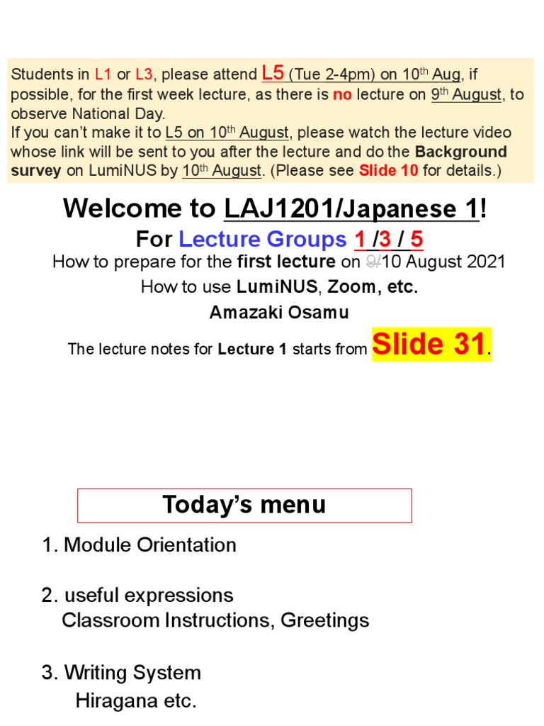 Week 1 - Orientation Lecture Notes | PDF | Kanji | Japanese Language