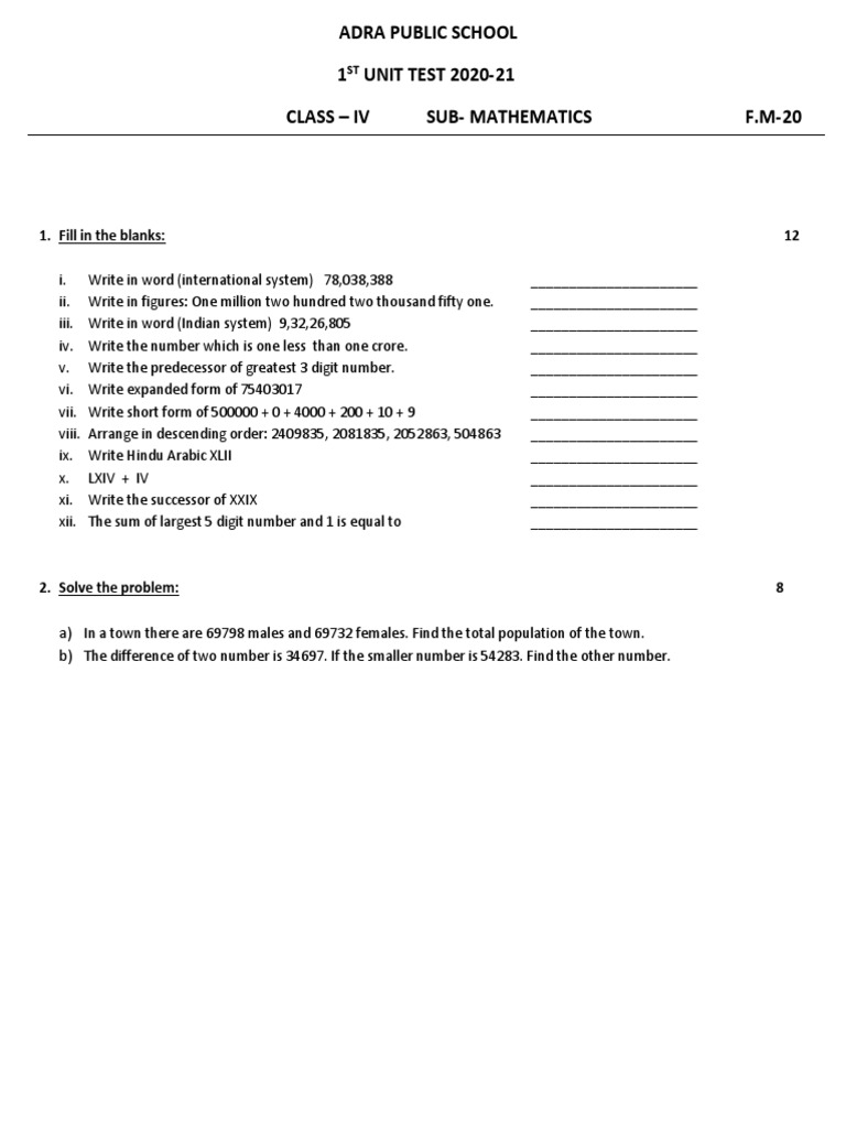 Mathematics Unit Test | PDF