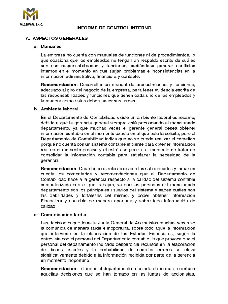 Informe de Control Interno y Recomendaciones | PDF | Contabilidad ...