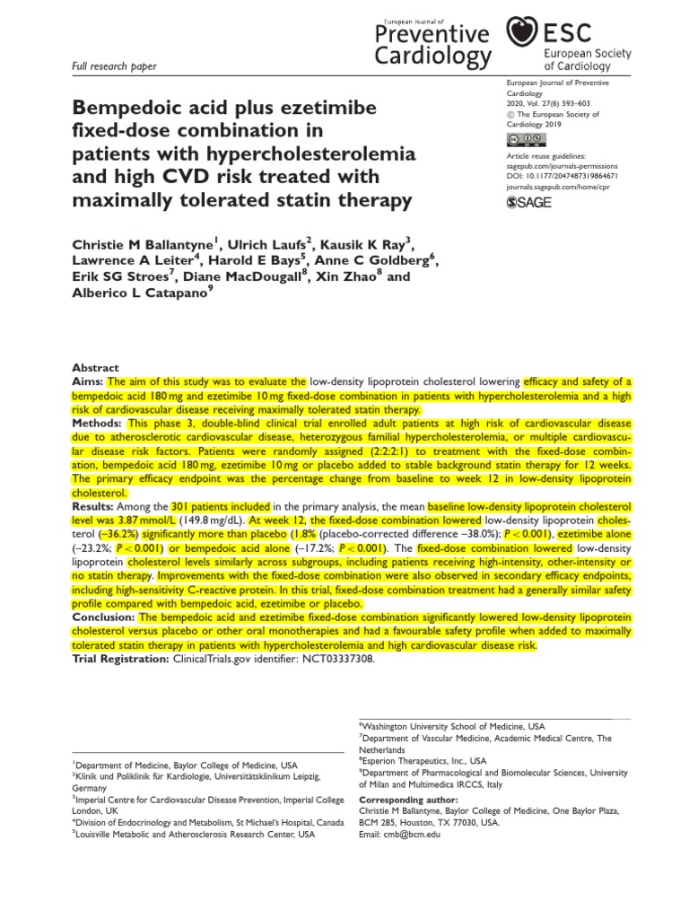 Bempedoic Acid and Ezet Efficacy and Safety PDF Statin Hypercholesterolemia