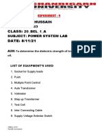 Class: DATE: 8/11/21: Name: Tahib Hussain UID: 20BEL1063 20 - BEL - 1 - A Subject: Power System Lab