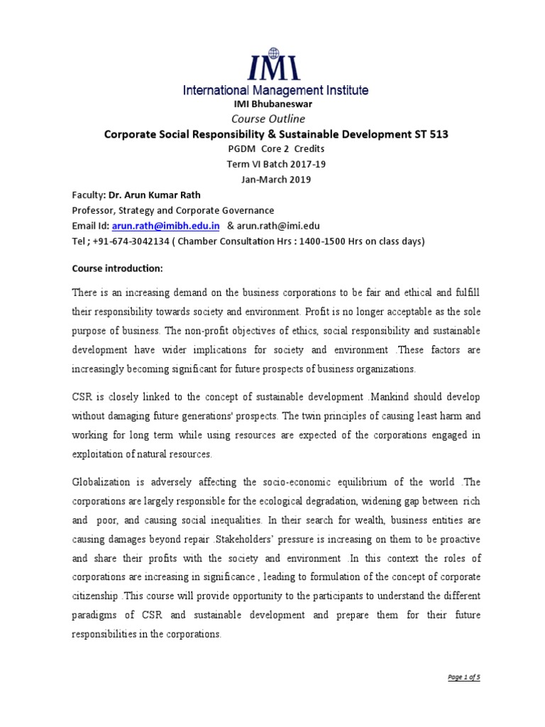 CSR & Sustainable Development Course Outline | PDF | Corporate Social ...