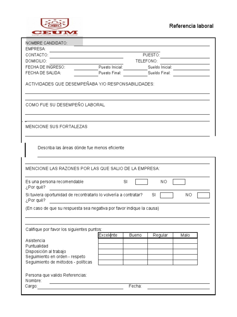 Formato de referencia laboral pdf