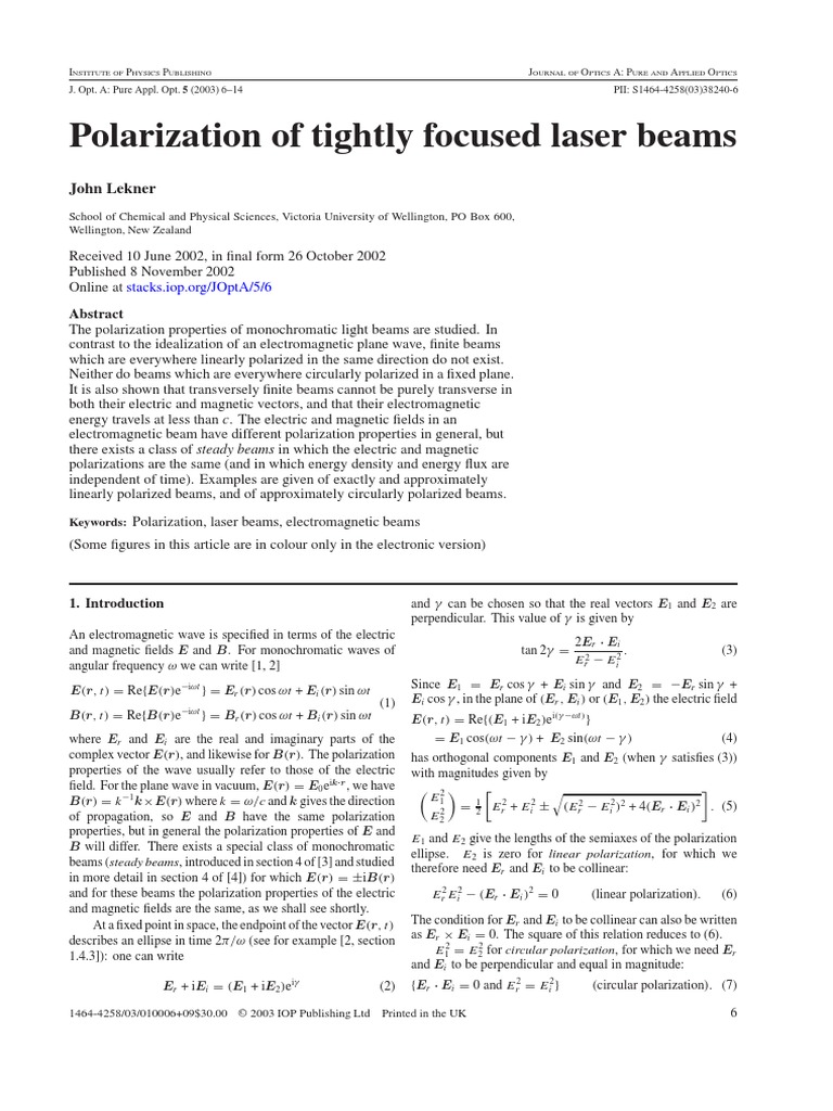 Polarization of Tightly Focused Laser Beams: John Lekner | PDF ...