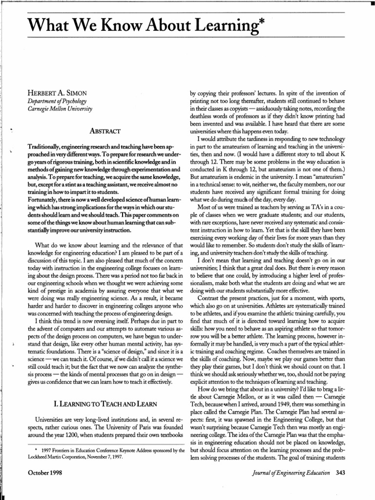 What We Know About Learning Herbert Simon PDF Expert Learning