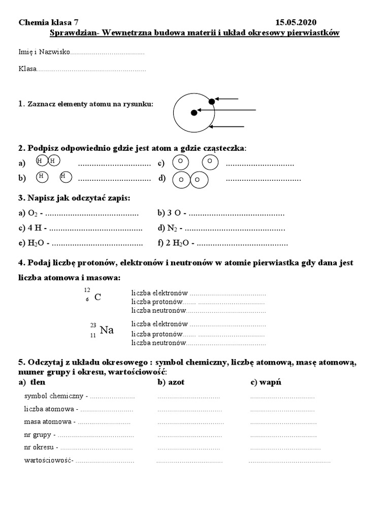 Sprawdzian Z Chemii Atom I Cząsteczka