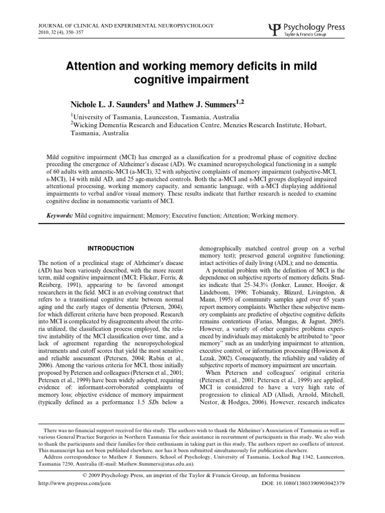Attention and Working Memory Deficits in Mild Cognitive Impairment ...