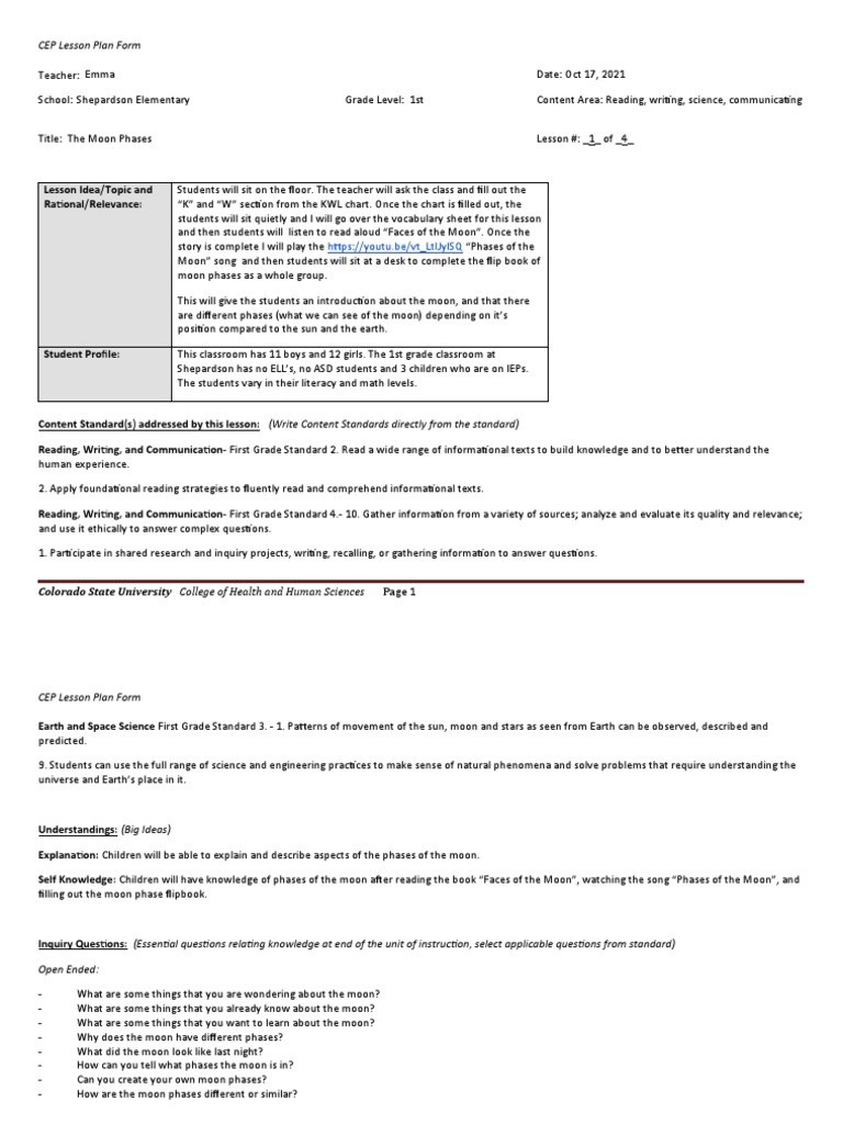 Moon Phases Lesson Plan for 1st Grade | PDF | Lesson Plan | Pedagogy
