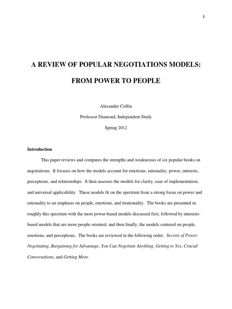 Alex Coffin Paper - A REVIEW OF POPULAR NEGOTIATIONS MODELS | PDF ...