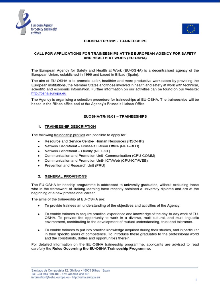 Call For Applications For Traineeships at EU-OSHA | PDF | European Union