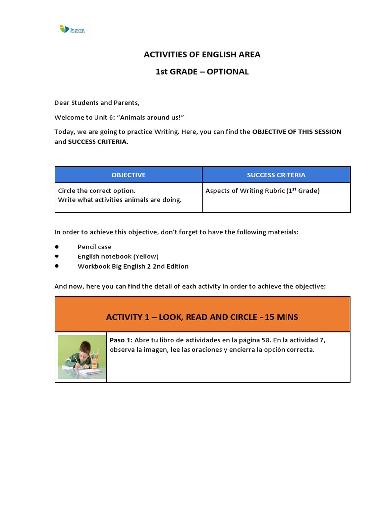 Activities of English Area 1St Grade - Optional: Objective Success ...