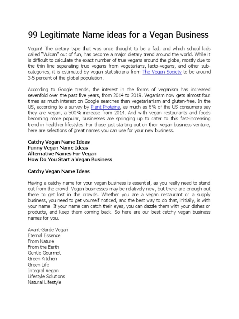 99 Legitimate Name Ideas For A Vegan Business PDF Veganism Foods