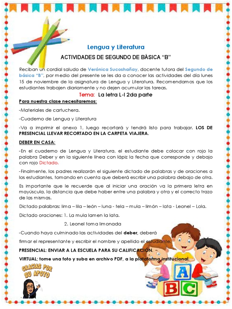 Deber de Lengua, LA Letra L 2da Parte 2do B | PDF