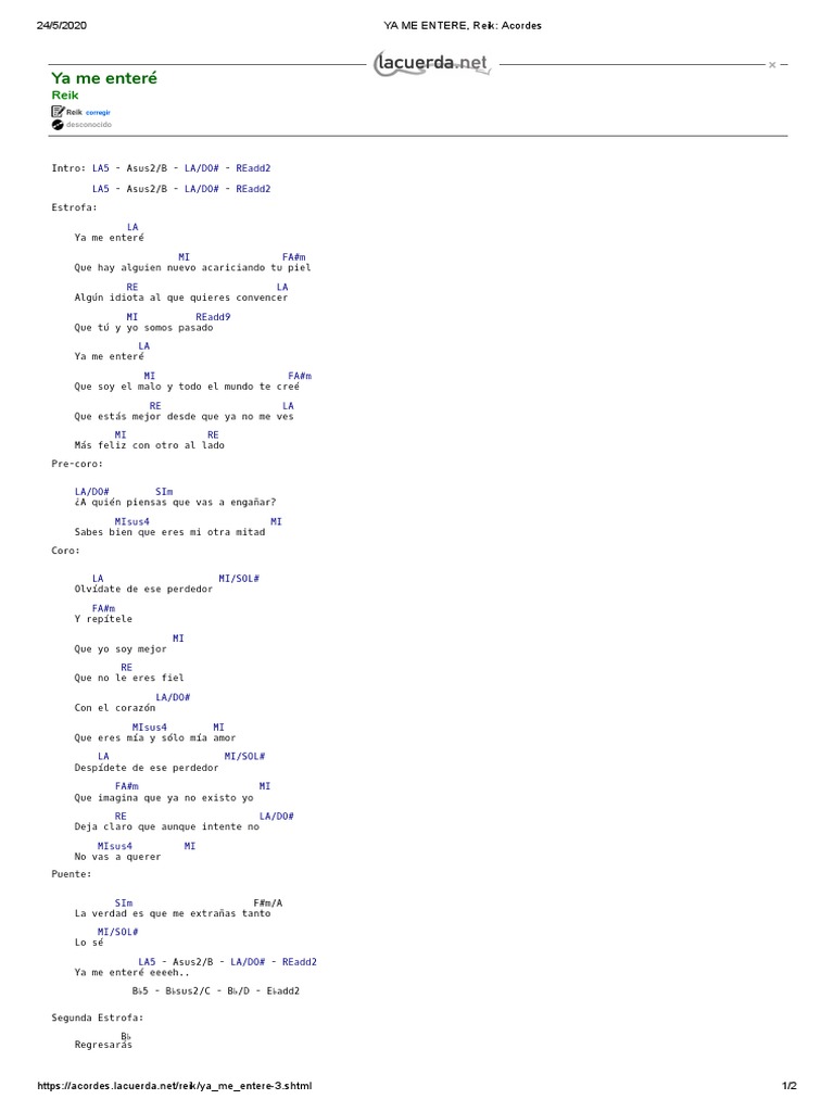 YA ME ENTERE, Reik Acordes PDF