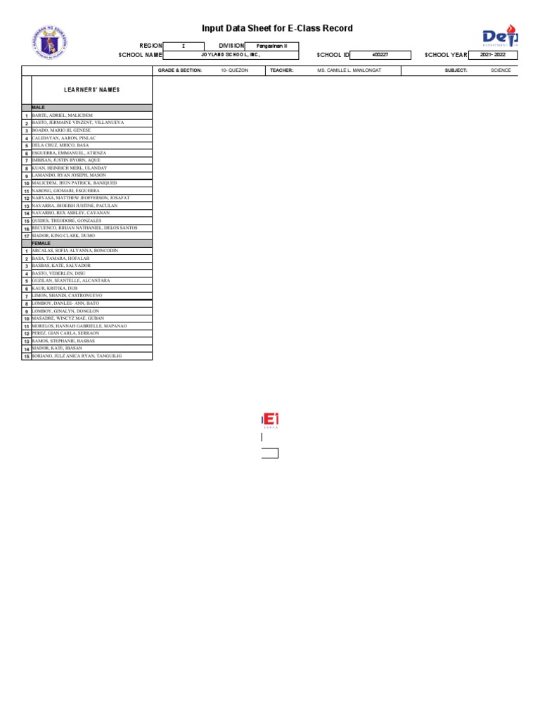 E-Class Record for Grade 10 Science | PDF