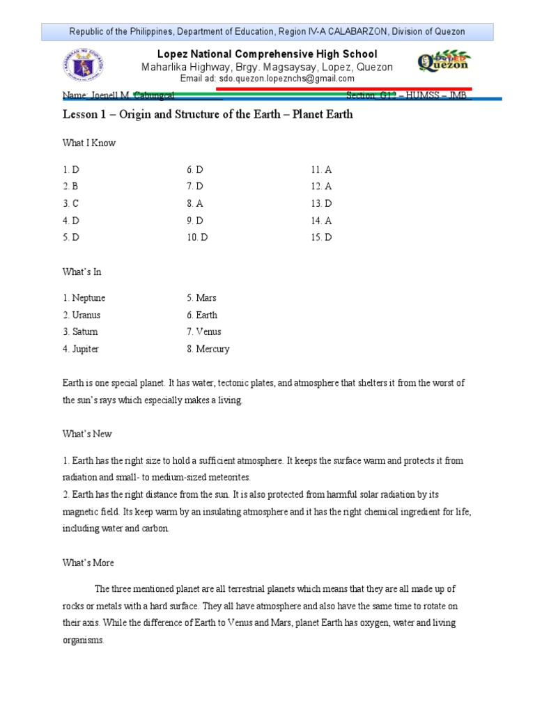 Origin and Structure of The Earth Planet Earth | PDF | Planets | Atmosphere