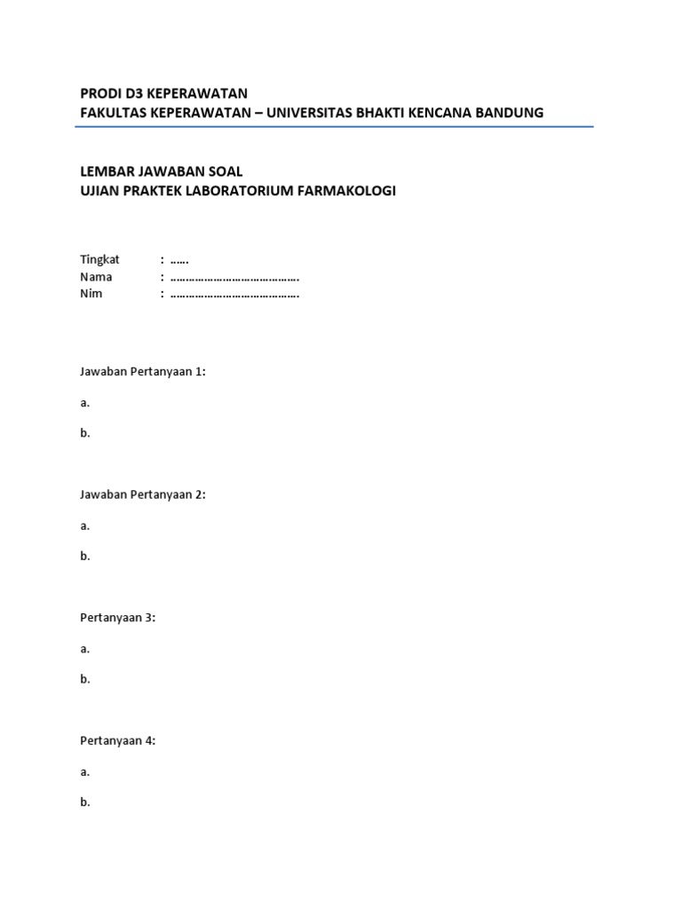 Lembar Jawaban Soal Ujian Praktek Laboratorium Farmakologi TK 1 | PDF