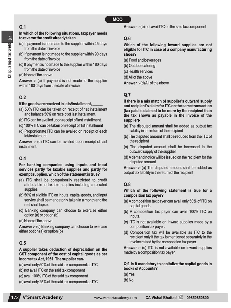 ITC MCQs and Answers for GST Compliance | PDF | Taxes | Value Added Tax