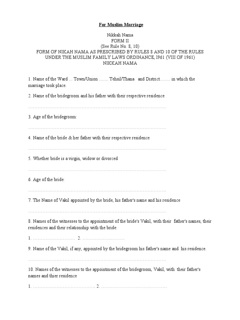Pakistani Nikah Nama Form Template | PDF | Kinship And Descent | Marriage