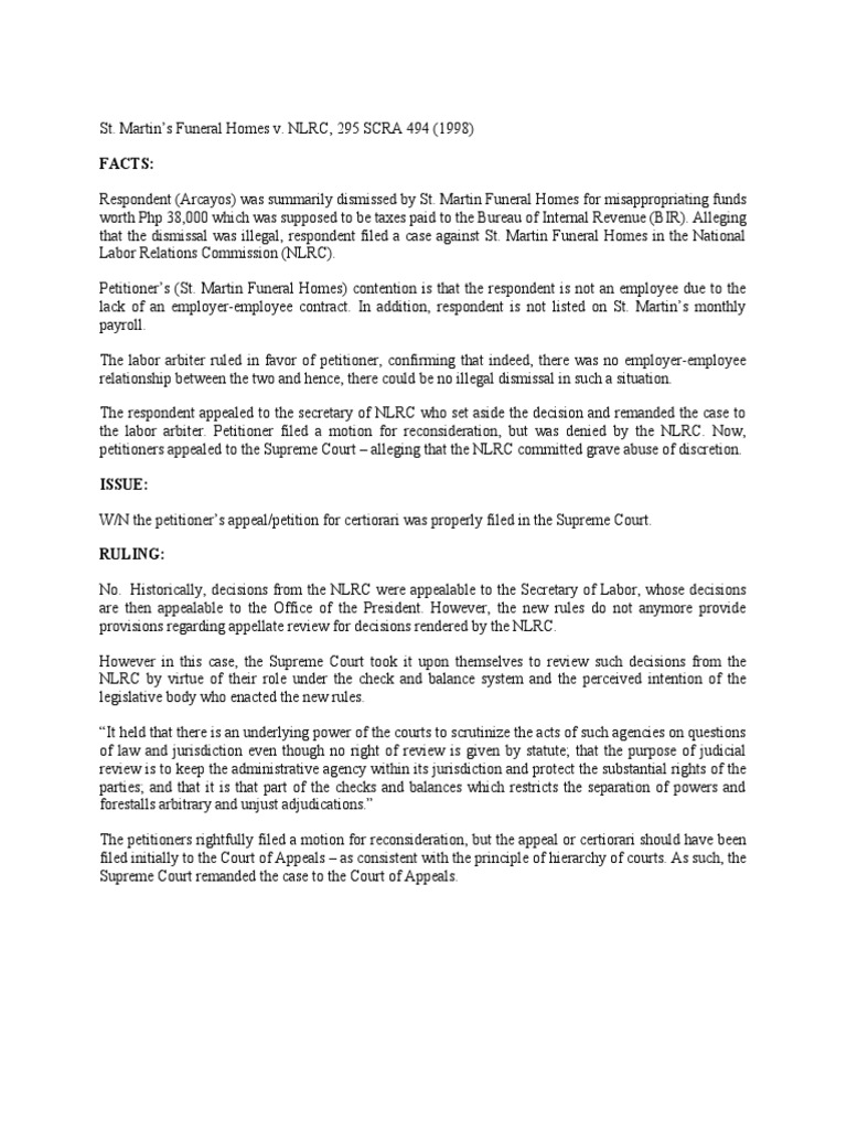 St. Martin's Funeral Homes v. NLRC, 295 SCRA 494 (1998) PDF Appeal