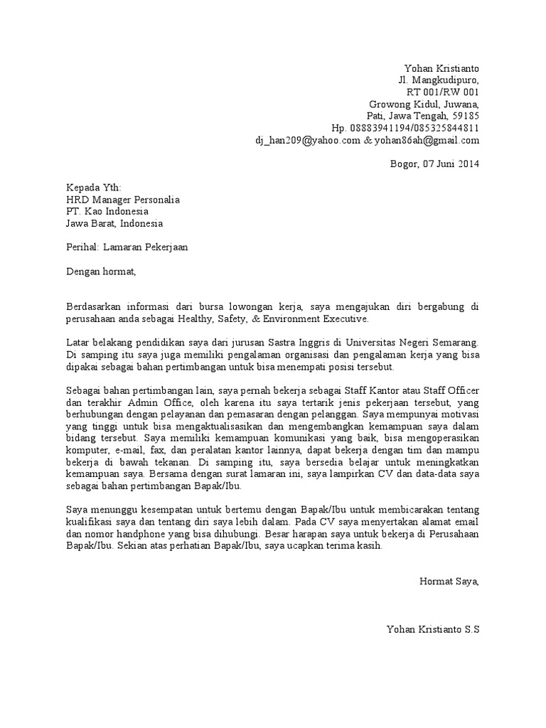 Surat Lamaran Kerja PT. Kao Indonesia | PDF