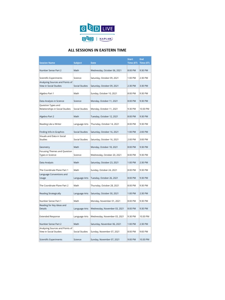 GED Live Schedules PDF Teaching Mathematics Data