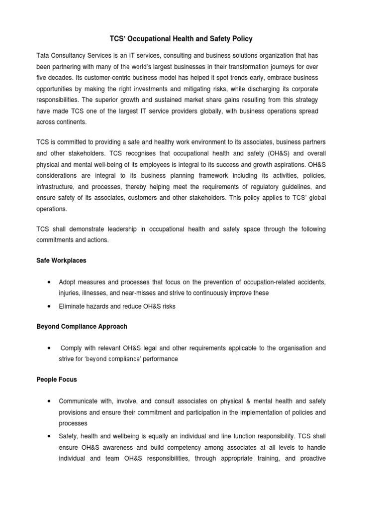 Occupational Health and Safety Policy | PDF | Occupational Safety And ...