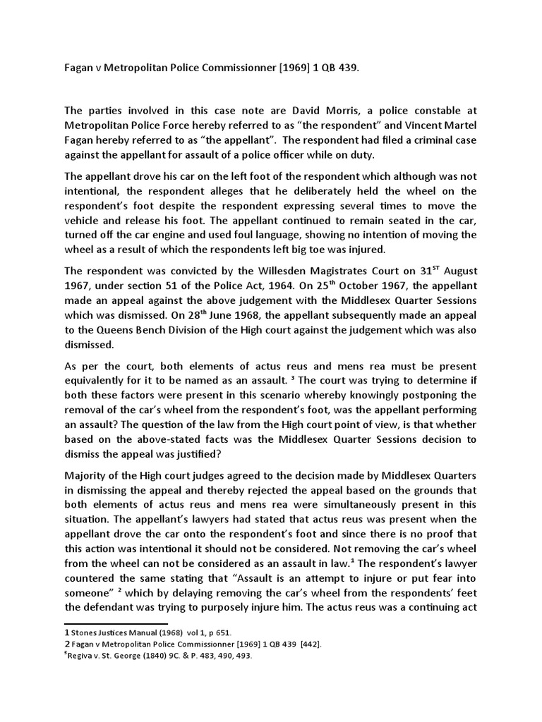Fagan V Metropolitan Police Commissionner Case Note PDF Assault Mens Rea