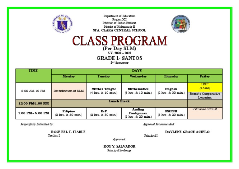 Grade 1 Class Program 2nd Semester | PDF | Educational Organizations ...