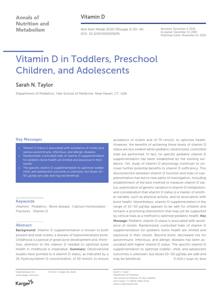 Vitamin D in Toddlers, Preschool Children, and Adolescents PDF