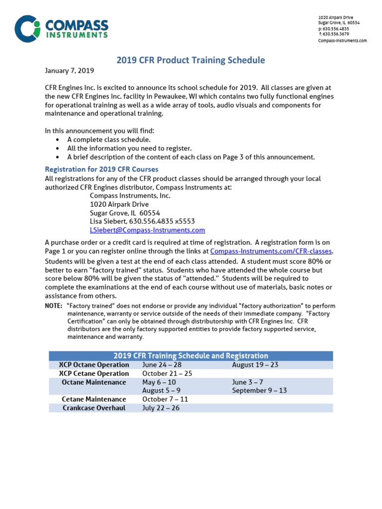 2019 CFR Engines Training Schedule | PDF