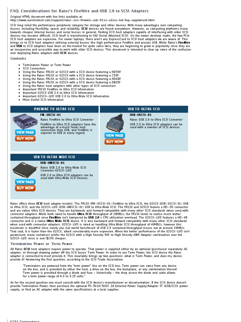 FAQ Considerations For Ratoc's FireWire and USB 2.0 To SCSI Adapters
