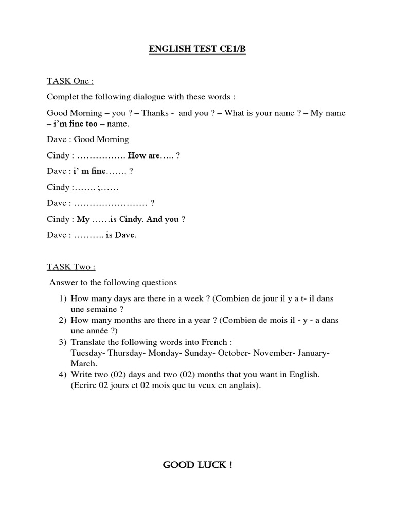 CE1 English Test Practice | PDF