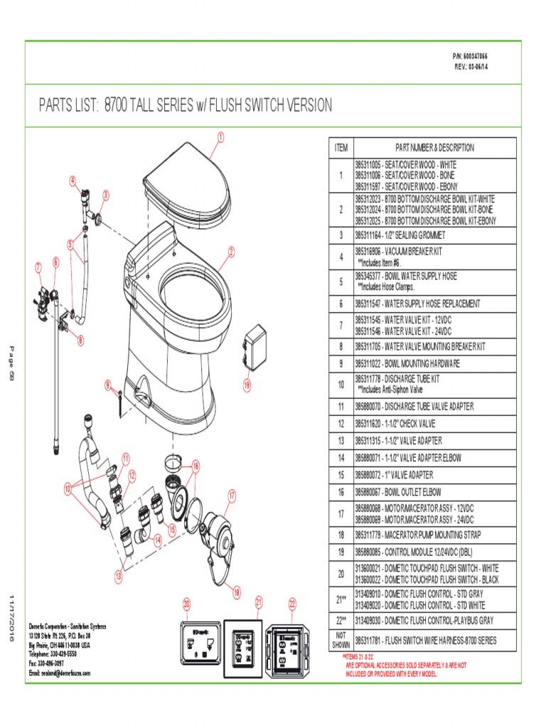 Dometic Toilet Parts List 8700 Tall Series W Flush Switch Version
