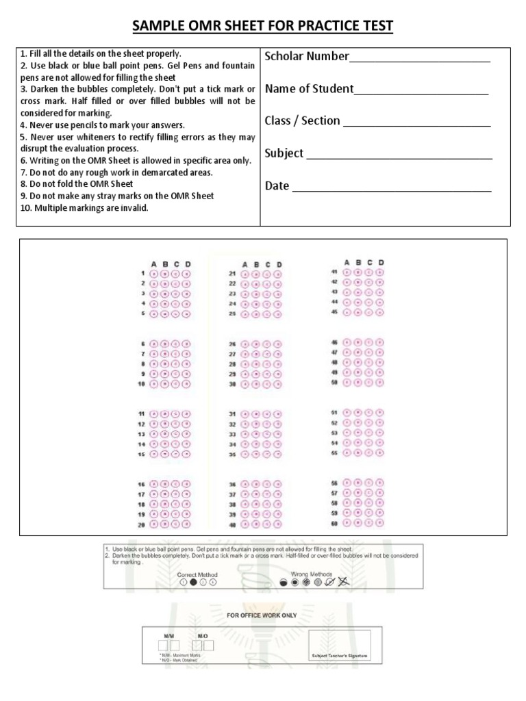 Sample Omr Sheet For Practice Test | PDF