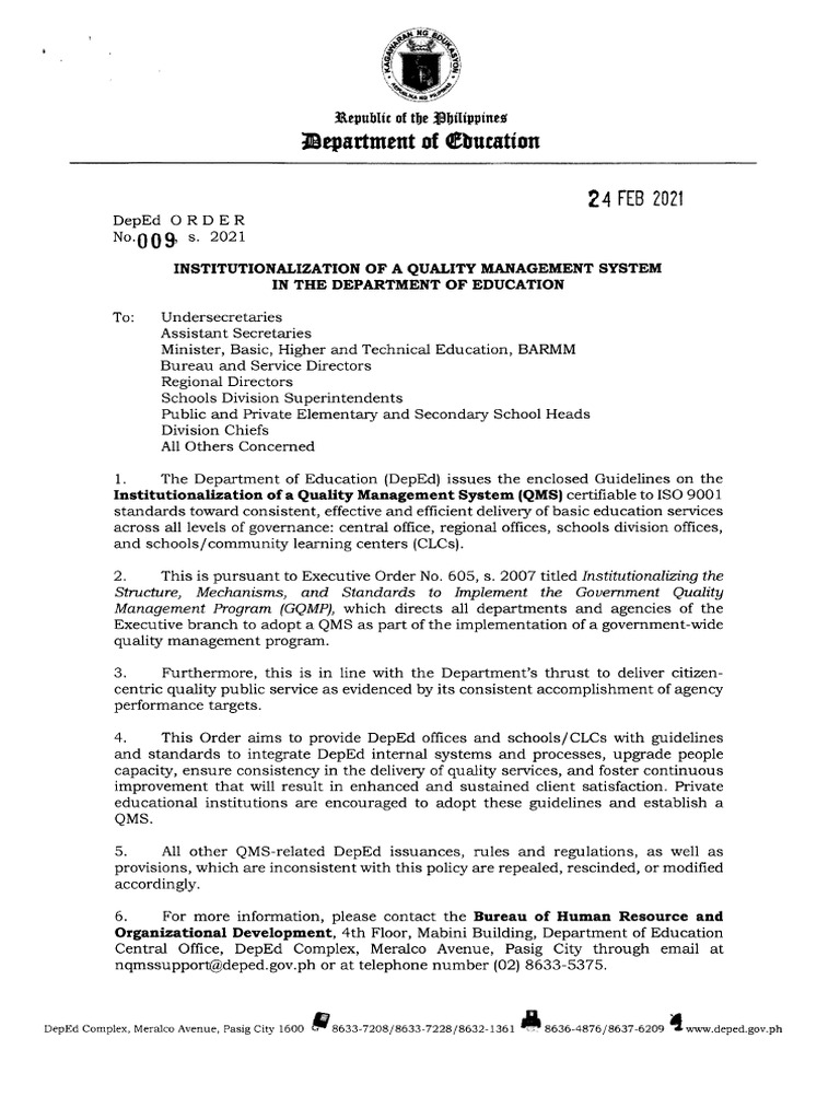 DO - s2021 - 009 (DepEd Order On QMS) | PDF