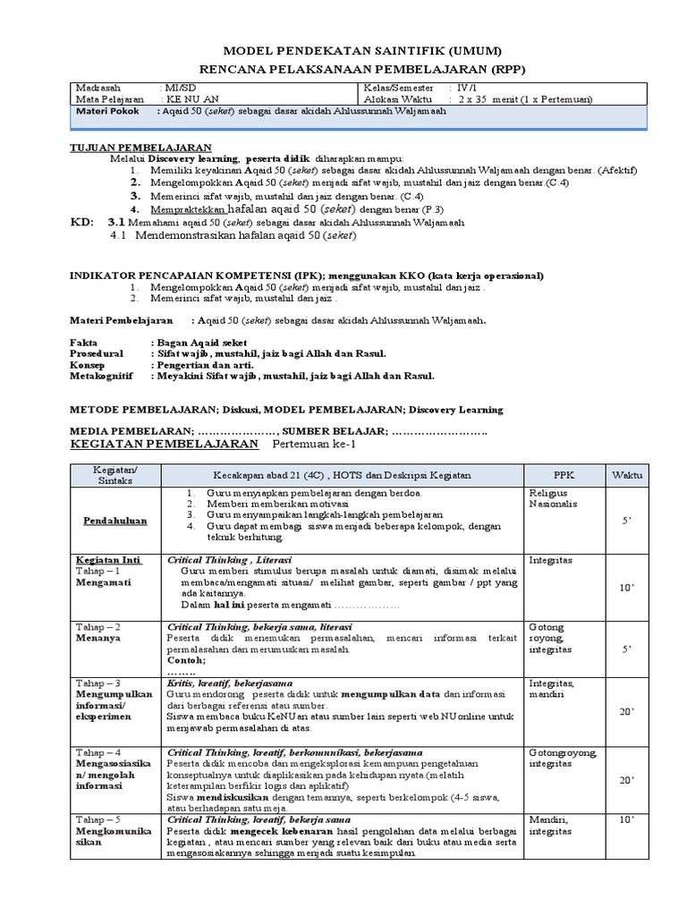 RPP Sederhana Model Inqury Learning (Penemuan) | PDF | Karier ...