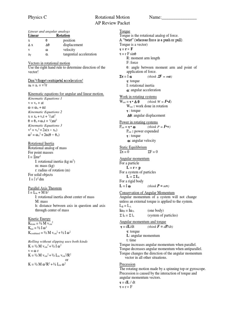 Physics C Rotational Motion Name: - AP Review Packet | PDF | Rotation ...