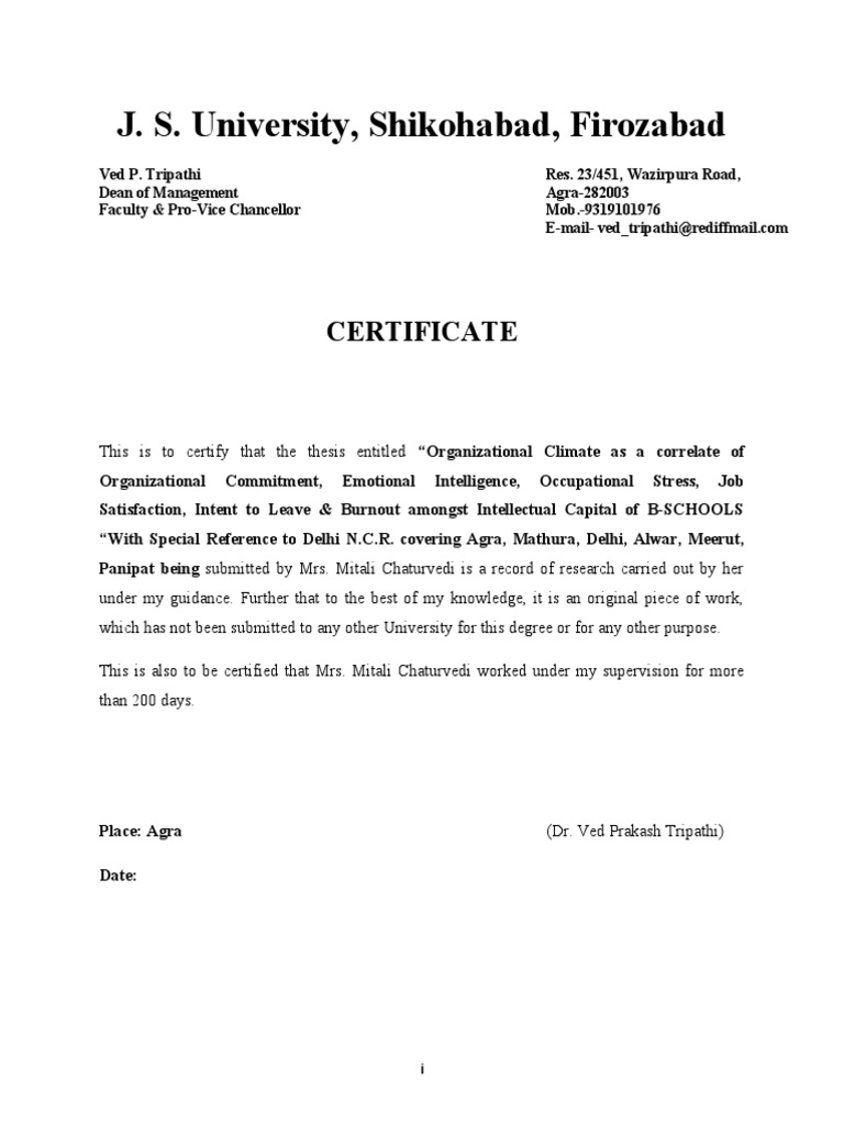 J. S. University, Shikohabad, Firozabad Certificate PDF Job