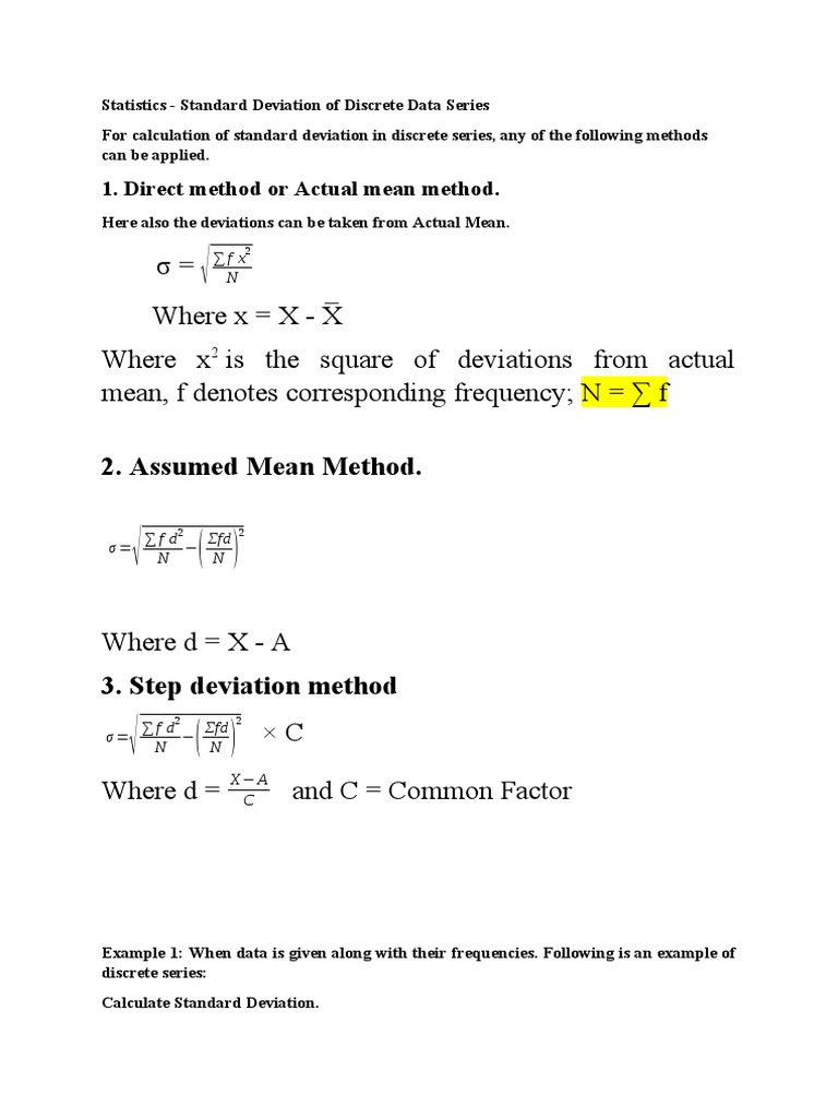 Standard Deviation For Discrete Series PDF Standard Deviation Mean