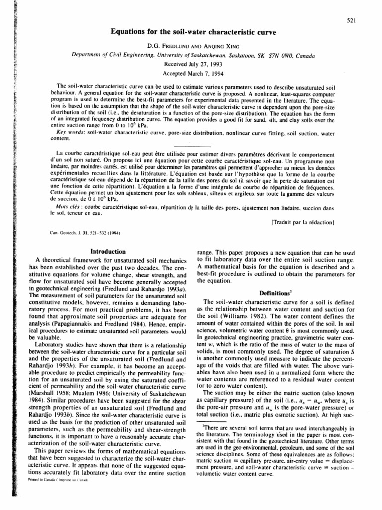 Fredlund and Xing, 1994. Equations For The Soil-Water Characteristic ...