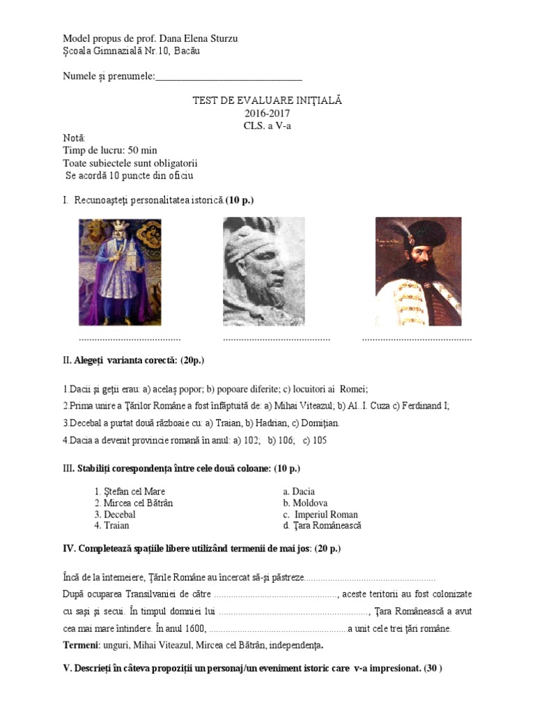 ISTORIE - CLASA A V-A - TEST - INITIAL | PDF
