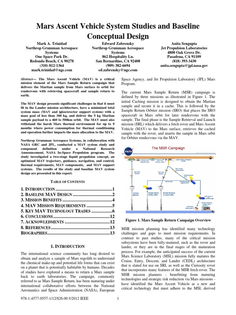 Mars Ascent Vehicle System Studies and Baseline Conceptual Design | PDF ...