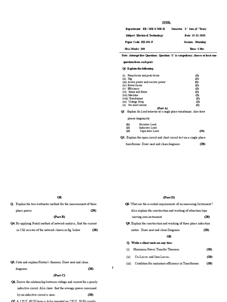 Electrical Technology & Analog Electronics Exam Paper | PDF | Amplifier ...