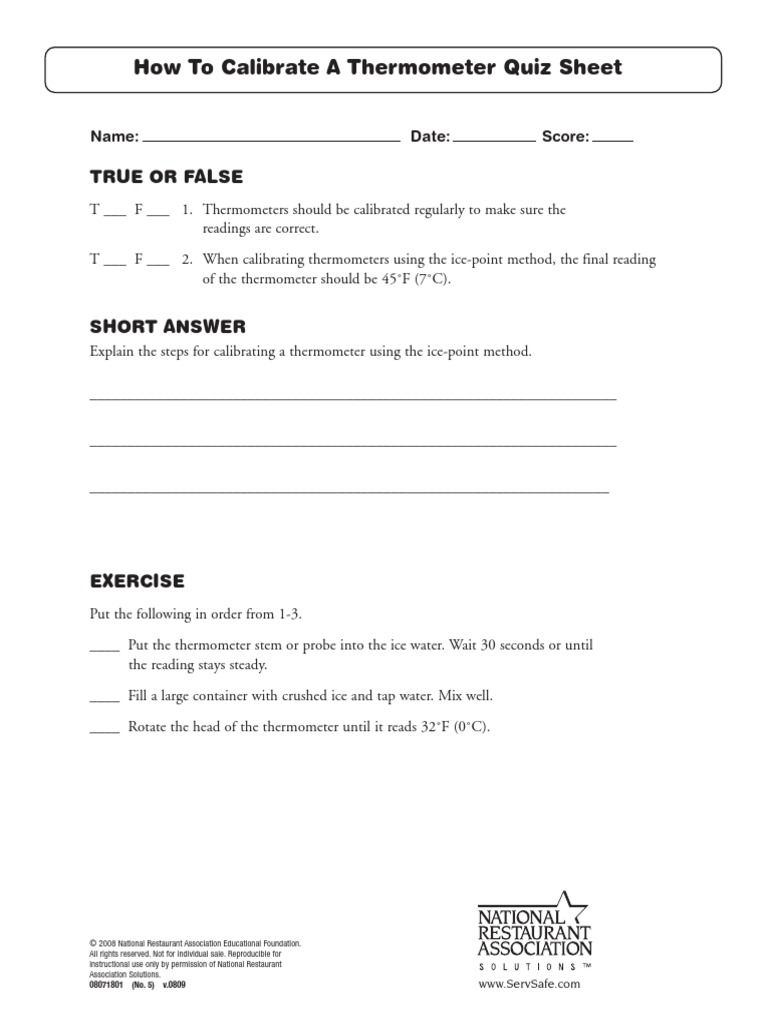 How To Calibrate A Thermometer Quiz Sheet True or False PDF