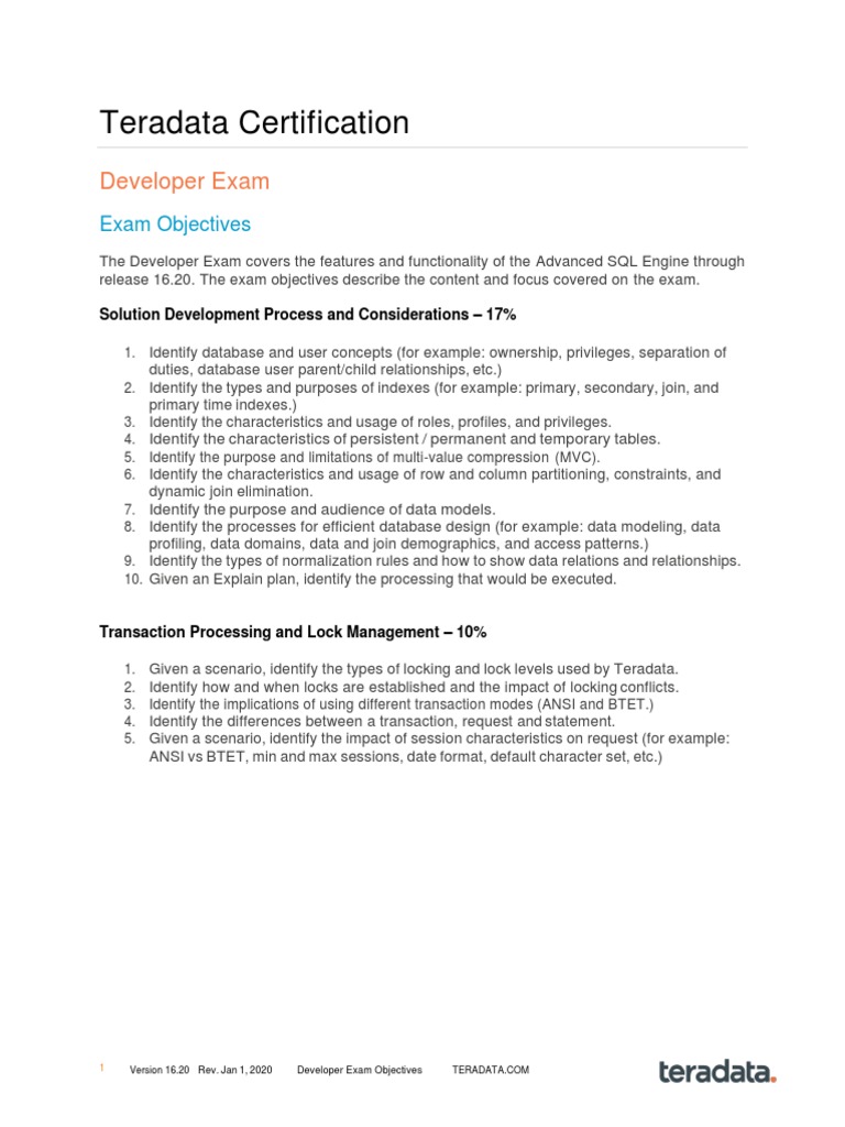 Teradata Developer Exam Objectives | PDF | Databases | Database Index
