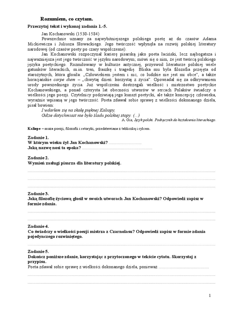 Jan Kochanowski Test Klasa 7