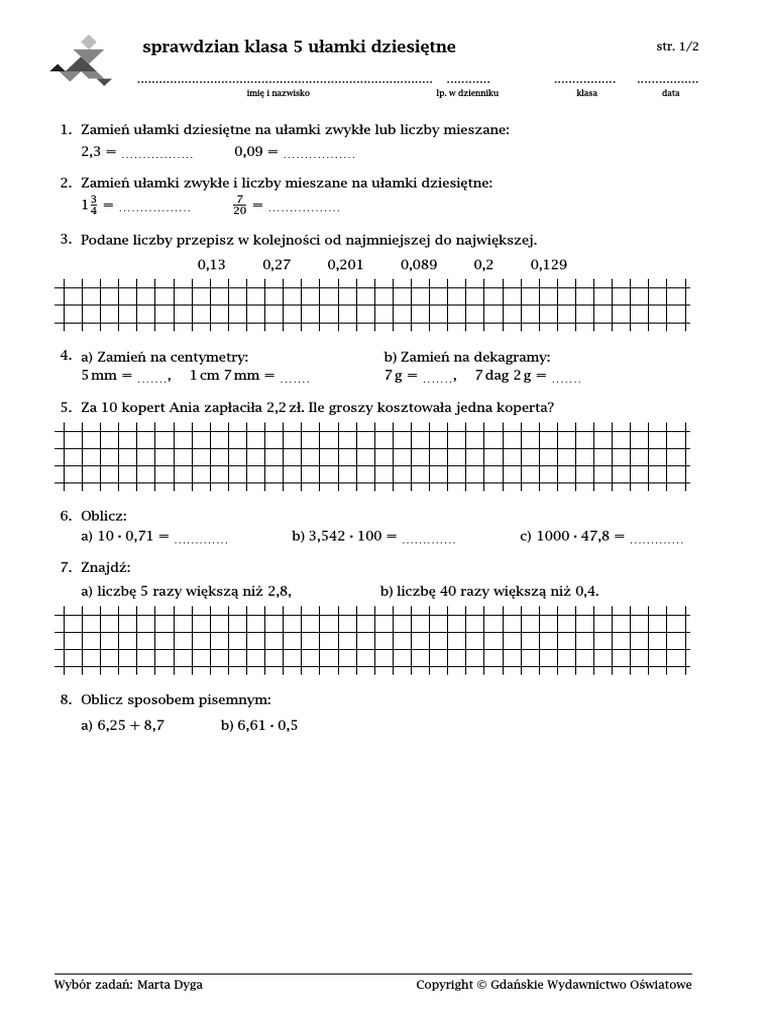Sprawdzian Z Ułamków Dziesiętnych Klasa 5 Matematyka Z Plusem sprawdzian klasa 5 Ułamki-dziesiętne | PDF